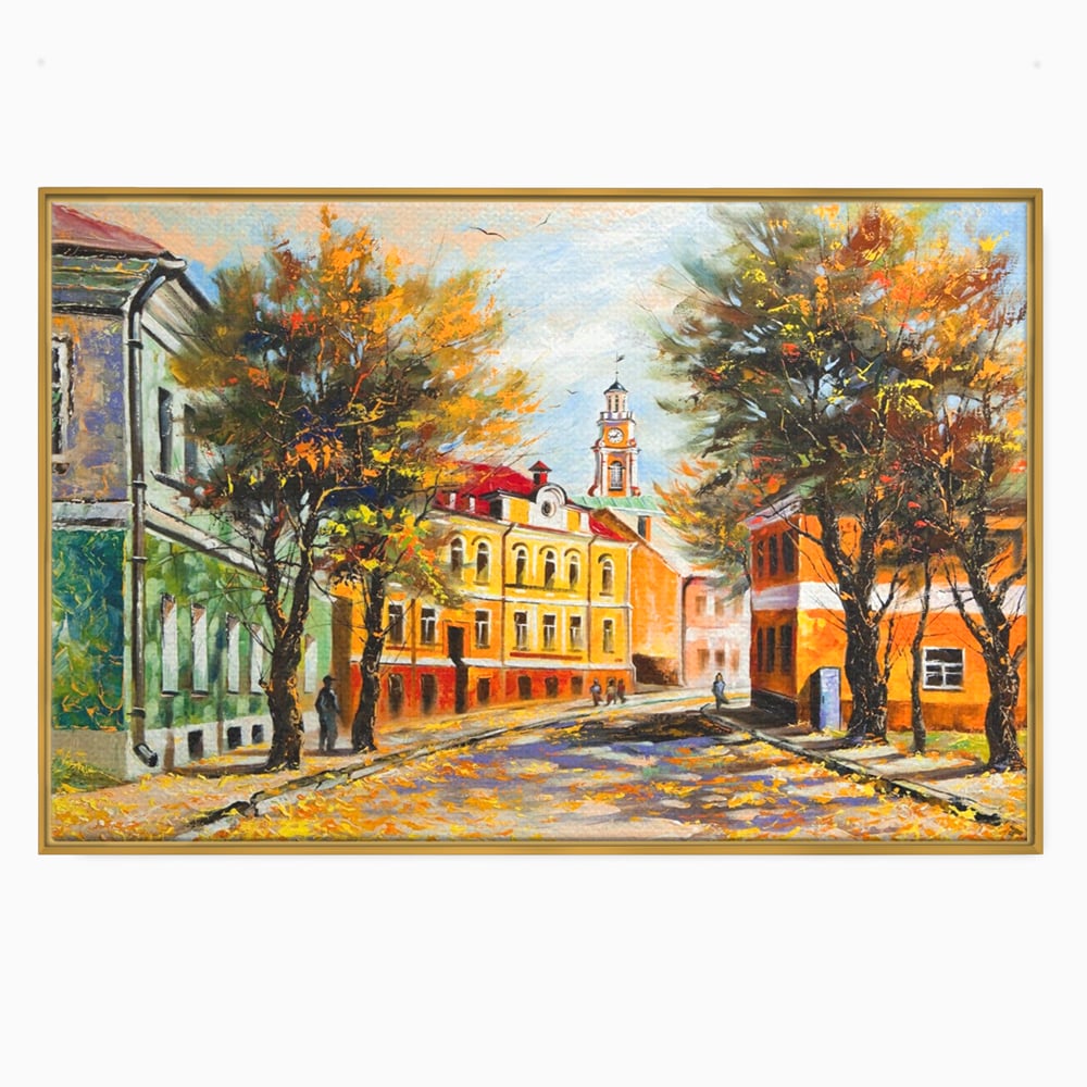 Tablou canvas cu pictura stradala cu peisaj de toamna, in rama de aluminiu auriu